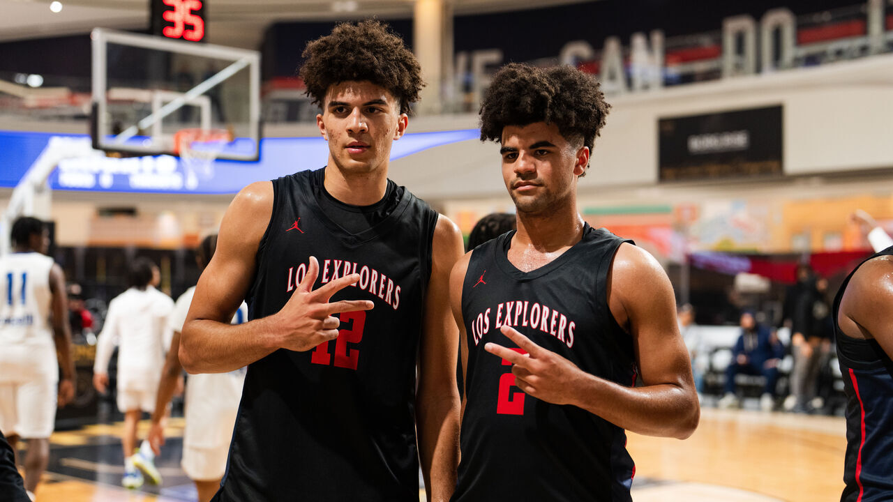 EAST RUTHERFORD, NJ - MARCH 27: Cayden Boozer #2 and Cameron Boozer #12 of the Columbus Explorers pose for picture after the game against the Notre Dame Knights during The Throne high school basketball tournament on March 27, 2024 at American Dream in East Rutherford, New Jersey. NOTE TO USER: User expressly acknowledges and agrees that, by downloading and/or using this photograph, user is consenting to the terms and conditions of the Getty Images License Agreement. Mandatory Copyright Notice: Copyright 2024 NBAE