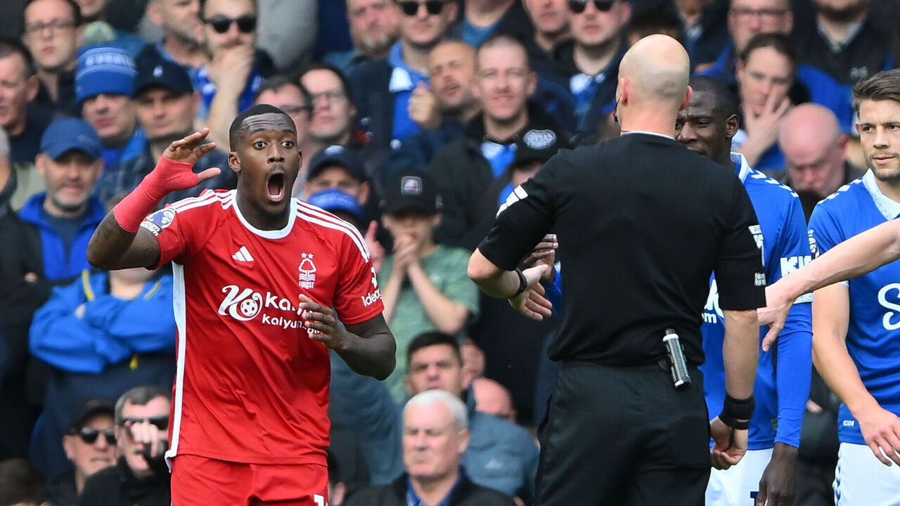Callum Hudson-Odoi of Nottingham Forest is reacting to referee Anthony Taylor after a dubious penalty incident during the Premier League match between Everton and Nottingham Forest at Goodison Park in Liverpool, on April 21, 2024.