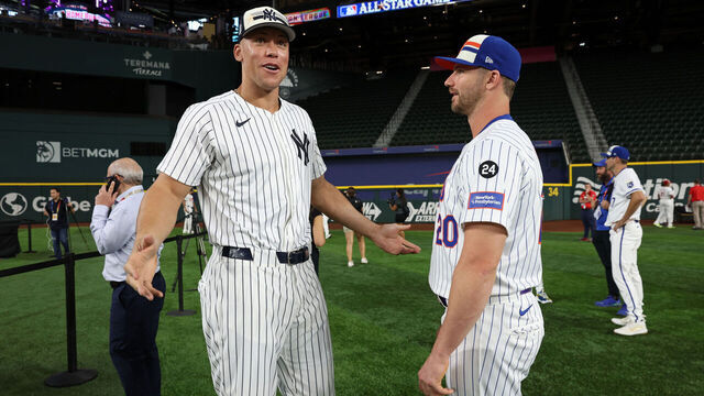 ARLINGTON, TX - JULY 15: Aaron Judge #99 of the New York Yankees and Pete Alonso #20 of the New York Mets talk during the 2024 Gatorade All-Star Workout Day at Globe Life Field on Monday, July 15, 2024 in Arlington, Texas.