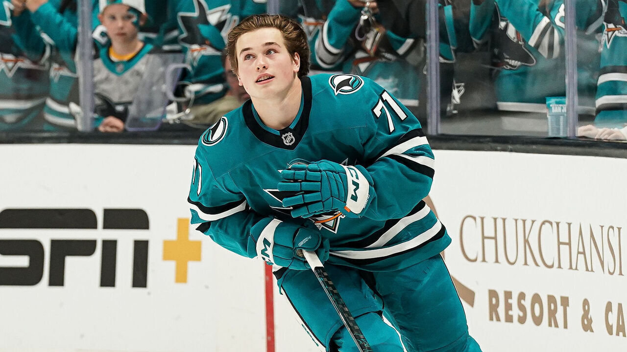 SAN JOSE, CA - OCTOBER 10: Macklin Celebrini #71 of the San Jose Sharks skates during warmups before his NHL debut against the St. Louis Blues at SAP Center on October 10, 2024 in San Jose, California.