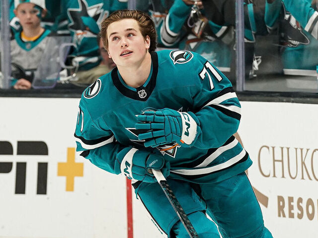 SAN JOSE, CA - OCTOBER 10: Macklin Celebrini #71 of the San Jose Sharks skates during warmups before his NHL debut against the St. Louis Blues at SAP Center on October 10, 2024 in San Jose, California.