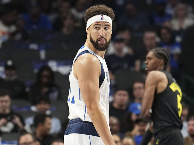 DALLAS, TX - OCTOBER 10: Klay Thompson #31 of the Dallas Mavericks looks on during the game against the Utah Jazz on October 10, 2024 at American Airlines Center in Dallas, Texas. Mandatory Copyright Notice: Copyright 2024 NBAE