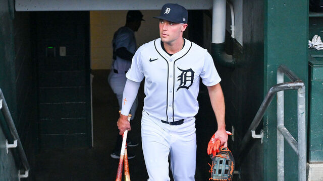 DETROIT, MI - SEPTEMBER 29: Detroit Tigers outfielder Kerry Carpenter (30) walks into the dugout during the Detroit Tigers versus the Chicago White Sox game on Wednesday September 29, 2024 at Comerica Park in Detroit, MI.