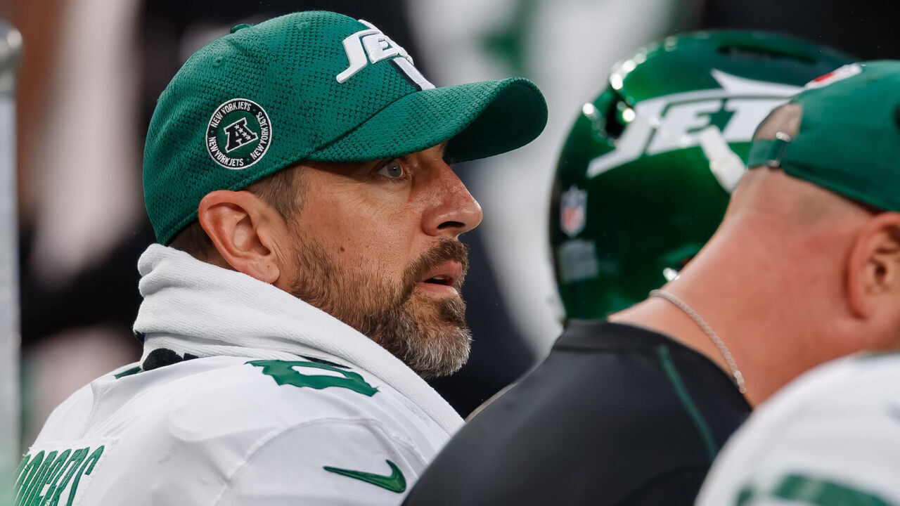 London, United Kingdom - October 6: Aaron Rodgers of New York Jets looks on during the NFL match between New York Jets and Minnesota Vikings at Tottenham Hotspur Stadium on October 6, 2024 in London, England.