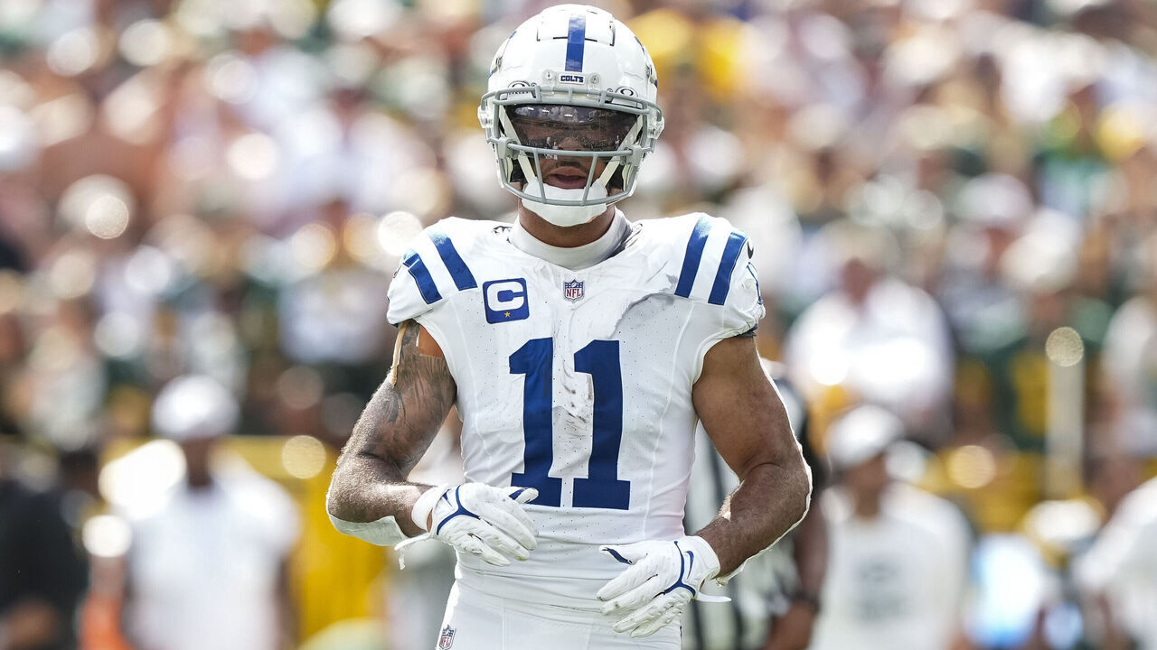 GREEN BAY, WI - SEPTEMBER 15: Wide receiver Michael Pittman Jr. #11 of the Indianapolis Colts gets set during the fourth quarter of an NFL football game against the Green Bay Packers, at Lambeau Field on September 15, 2024 in Green Bay, Wisconsin.