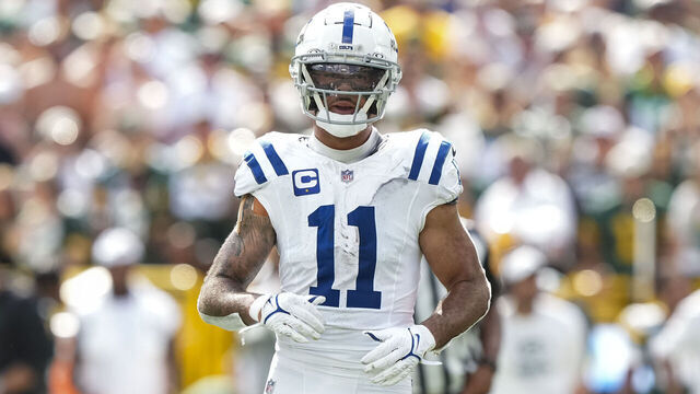 GREEN BAY, WI - SEPTEMBER 15: Wide receiver Michael Pittman Jr. #11 of the Indianapolis Colts gets set during the fourth quarter of an NFL football game against the Green Bay Packers, at Lambeau Field on September 15, 2024 in Green Bay, Wisconsin.