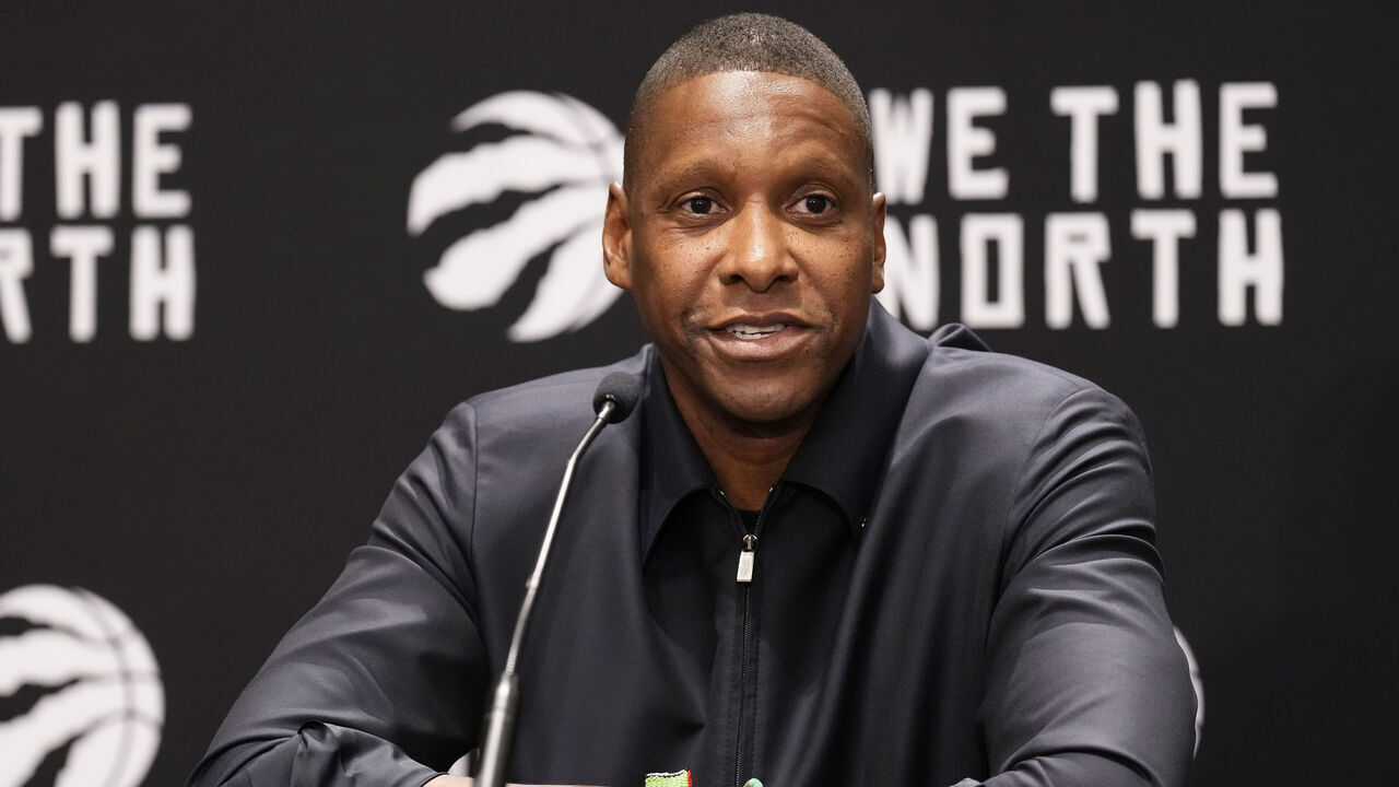 TORONTO, ON - OCTOBER 2: Masai Ujiri President of the Toronto Raptors speaks during media day on October 2, 2023 in Toronto, Ontario, Canada.