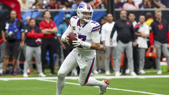 HOUSTON, TX - OCTOBER 06: Buffalo Bills quarterback Josh Allen (17) looks for an open receiver in the first quarter during the NFL game between the Buffalo Bills and Houston Texans on October 6, 2024 at NRG Stadium in Houston, Texas.