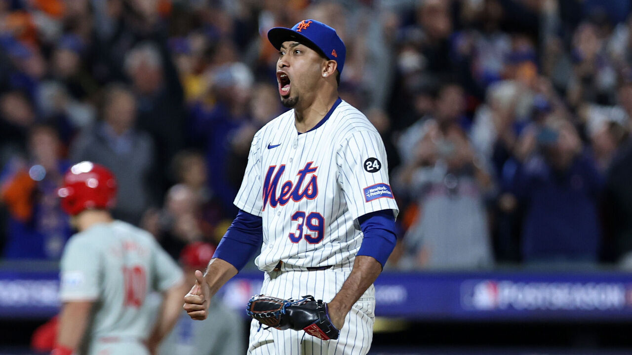 NEW YORK, NY - OCTOBER 09: Edwin Díaz #39 of the New York Mets reacts after winning Game 4 of the Division Series presented by Booking.com between the Philadelphia Phillies and the New York Mets at Citi Field on Wednesday, October 9, 2024 in New York, New York. The New York Mets won 4-1 and will advance to the NLCS.