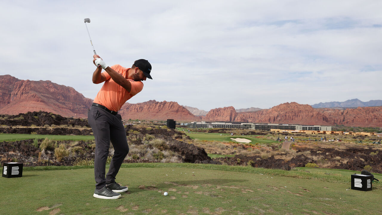 ST GEORGE, UTAH - OCTOBER 11: Stephan Jaeger of Germany plays his shot from the eighth tee during the second round of the Black Desert Championship 2024 at Black Desert Resort on October 11, 2024 in St George, Utah.