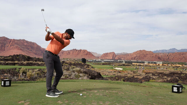 ST GEORGE, UTAH - OCTOBER 11: Stephan Jaeger of Germany plays his shot from the eighth tee during the second round of the Black Desert Championship 2024 at Black Desert Resort on October 11, 2024 in St George, Utah.
