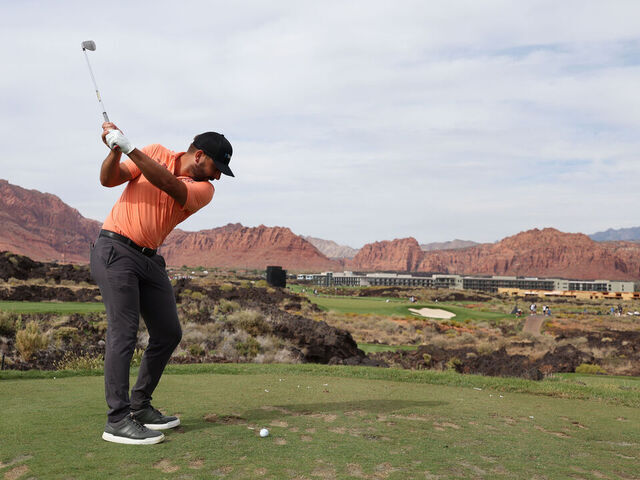 ST GEORGE, UTAH - OCTOBER 11: Stephan Jaeger of Germany plays his shot from the eighth tee during the second round of the Black Desert Championship 2024 at Black Desert Resort on October 11, 2024 in St George, Utah.