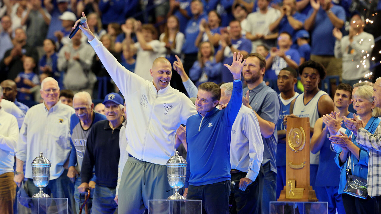 LEXINGTON, KENTUCKY - OCTOBER 11: Mark Pope the Head coach of the Kentucky Wildcats (left) with former Kentucky Head Coach (right) Rick Pitino during Kentucky's Big Blue Madness at Rupp Arena on October 11, 2024 in Lexington, Kentucky.