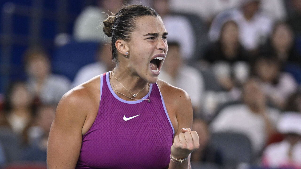 Belarus's Aryna Sabalenka reacts after a point against USA's Coco Gauff during their women's singles semi-final match at the Wuhan Open tennis tournament in Wuhan, China's Hubei province on October 12, 2024.