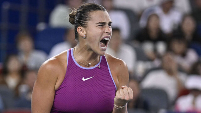 Belarus's Aryna Sabalenka reacts after a point against USA's Coco Gauff during their women's singles semi-final match at the Wuhan Open tennis tournament in Wuhan, China's Hubei province on October 12, 2024.