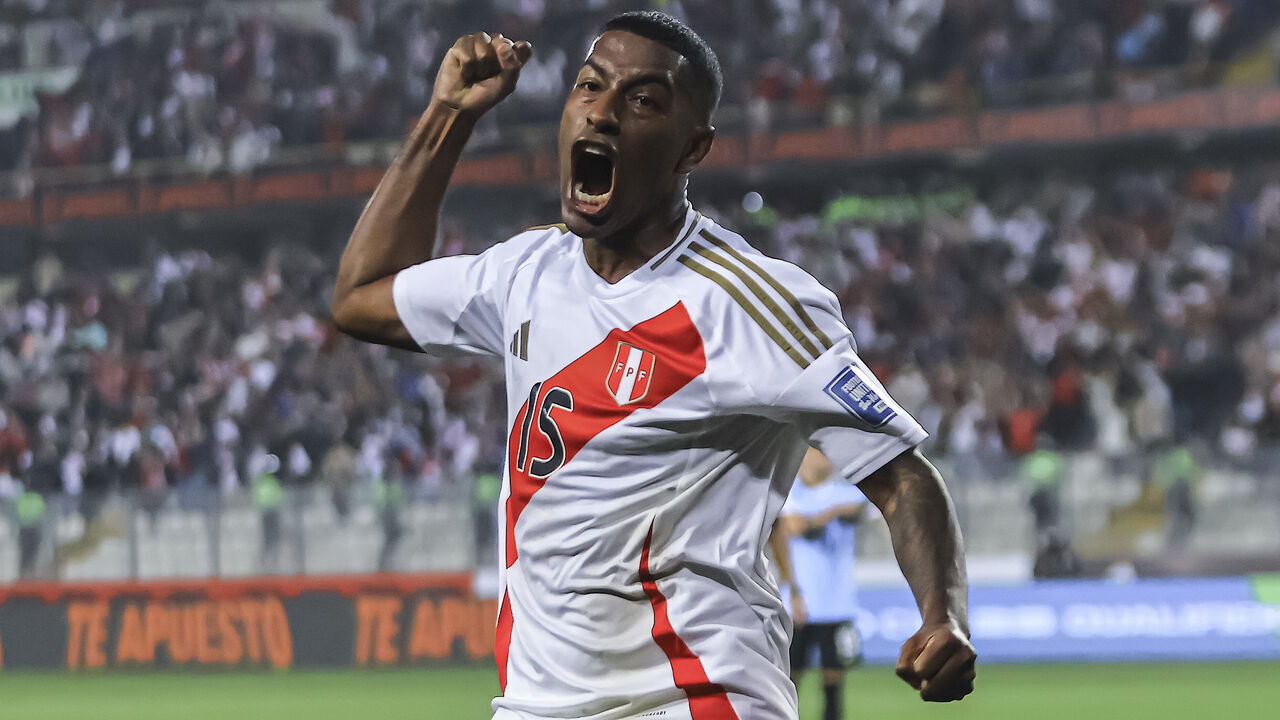 LIMA, PERU - OCTOBER 11: Miguel Araujo of Peru celebrates his goal during the FIFA World Cup 2026 South American Qualifier match between Peru and Uruguay at Estadio Nacional de Lima on October 11, 2024 in Lima, Peru.