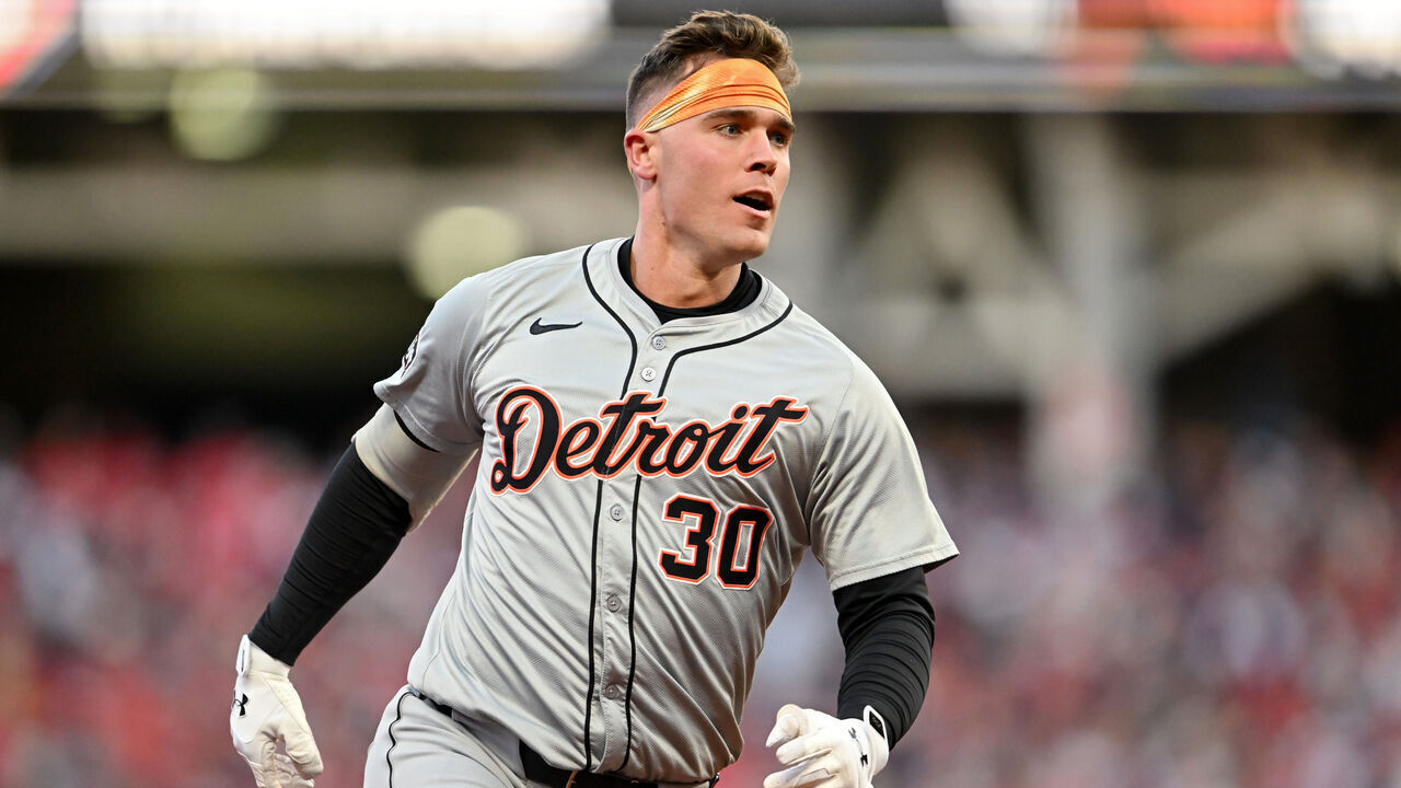 CLEVELAND, OHIO - OCTOBER 07: Kerry Carpenter #30 of the Detroit Tigers rounds the bases after hitting a home run in the ninth inning against the Cleveland Guardians during Game Two of the Division Series at Progressive Field on October 07, 2024 in Cleveland, Ohio.