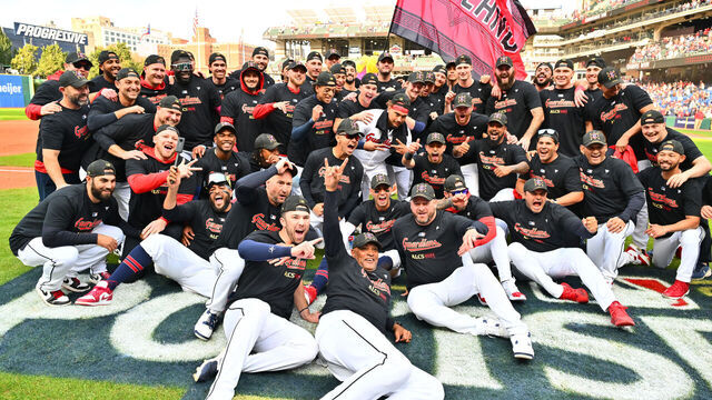CLEVELAND, OHIO - OCTOBER 12: The Cleveland Guardians pose for a photo after defeating the Detroit Tigers in Game Five of the Division Series at Progressive Field on October 12, 2024 in Cleveland, Ohio.
