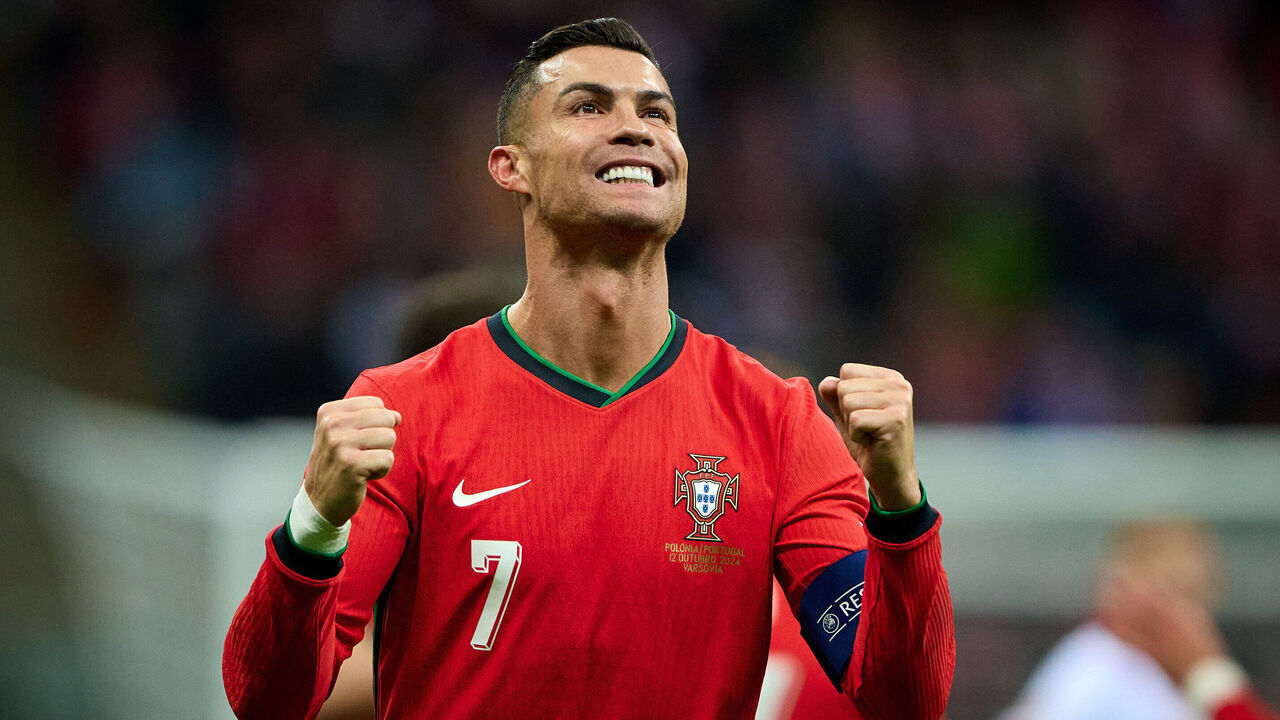 WARSAW, POLAND - OCTOBER 12: Cristiano Ronaldo reacts after scoring his team second goal during the UEFA Nations League 2024/25 League A Group A1 match between Poland and Portugal at PGE Narodowy on October 12, 2024 in Warsaw, Poland.