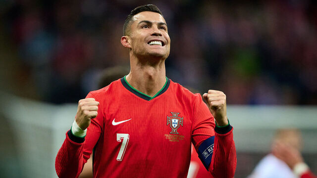 WARSAW, POLAND - OCTOBER 12: Cristiano Ronaldo reacts after scoring his team second goal during the UEFA Nations League 2024/25 League A Group A1 match between Poland and Portugal at PGE Narodowy on October 12, 2024 in Warsaw, Poland.