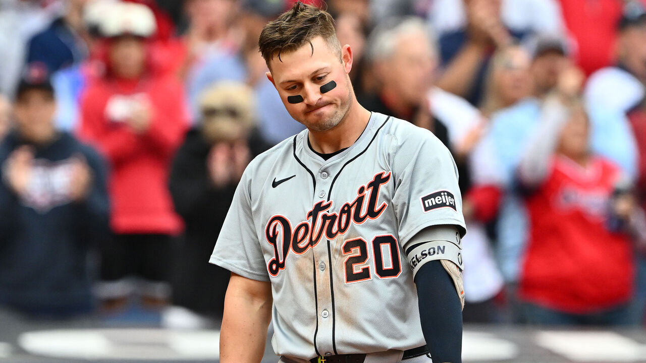 CLEVELAND, OHIO - OCTOBER 12: Spencer Torkelson #20 of the Detroit Tigers reacts after striking out during the seventh inning against the Cleveland Guardians dduring Game Five of the Division Series at Progressive Field on October 12, 2024 in Cleveland, Ohio.
