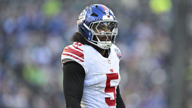 SEATTLE, WASHINGTON - OCTOBER 06: Kayvon Thibodeaux #5 of the New York Giants looks on during the game against the Seattle Seahawks at Lumen Field on October 06, 2024 in Seattle, Washington. The New York Giants won 29-20.
