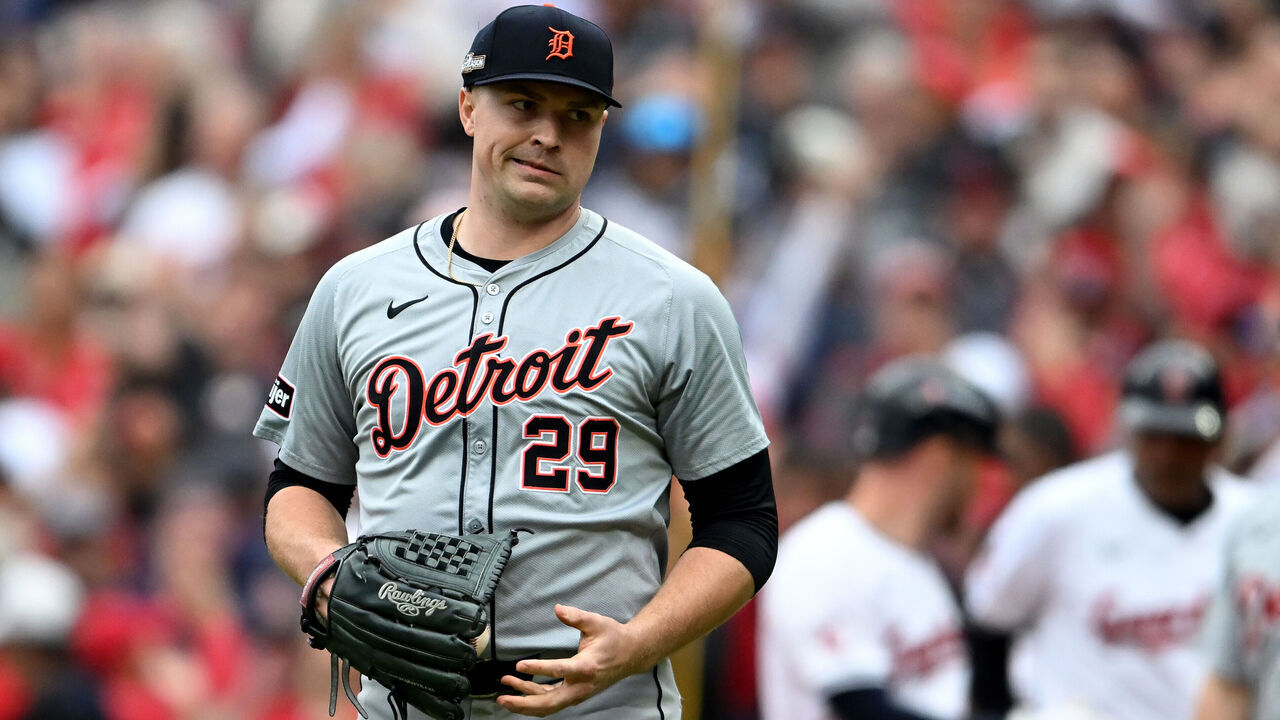 CLEVELAND, OHIO - OCTOBER 12: Tarik Skubal #29 of the Detroit Tigers reacts during the fifth inning against the Cleveland Guardians during Game Five of the Division Series at Progressive Field on October 12, 2024 in Cleveland, Ohio.