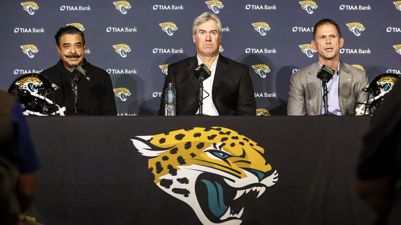 JACKSONVILLE, FLORIDA - FEBRUARY 05: Doug Pederson looks on during a press conference introducing him as the new Head Coach of the Jacksonville Jaguars alongside Shad Khan, Owner of the Jacksonville Jaguars, and Trent Baalke, General Manager of the Jacksonville Jaguars, at TIAA Bank Stadium on February 05, 2022 in Jacksonville, Florida.