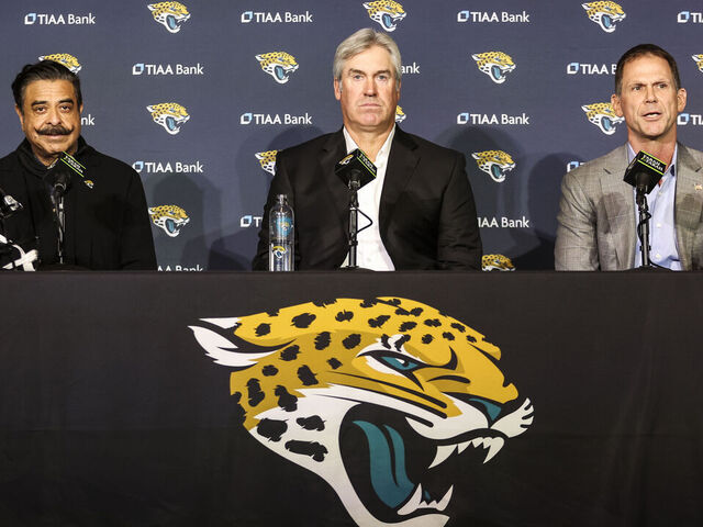 JACKSONVILLE, FLORIDA - FEBRUARY 05: Doug Pederson looks on during a press conference introducing him as the new Head Coach of the Jacksonville Jaguars alongside Shad Khan, Owner of the Jacksonville Jaguars, and Trent Baalke, General Manager of the Jacksonville Jaguars, at TIAA Bank Stadium on February 05, 2022 in Jacksonville, Florida.