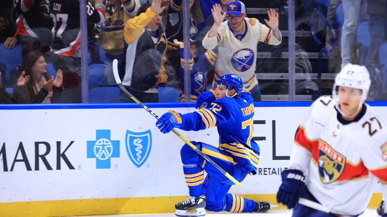 BUFFALO, NEW YORK - OCTOBER 12: Tage Thompson #72 of the Buffalo Sabres celebrates his first period goal against the Florida Panthers during an NHL game on October 12, 2024 at KeyBank Center in Buffalo, New York.