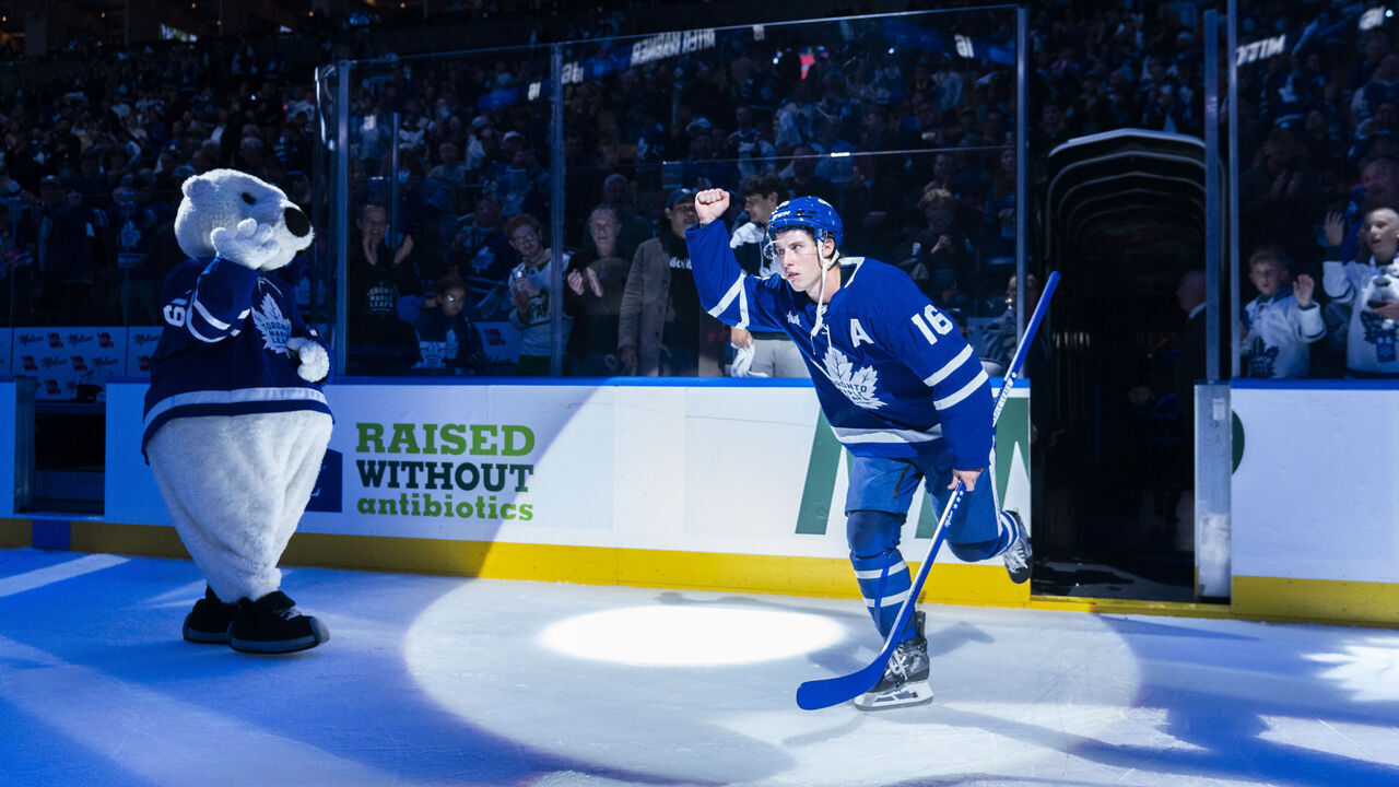 TORONTO, ONTARIO - OCTOBER 12: Mitch Marner #16 of the Toronto Maple Leafs takes the ice after he is named the first star of the game following the Toronto Maple Leafs Home Opener win over the Pittsburgh Penguins at the Scotiabank Arena on October 12, 2024 in Toronto, Ontario, Canada.