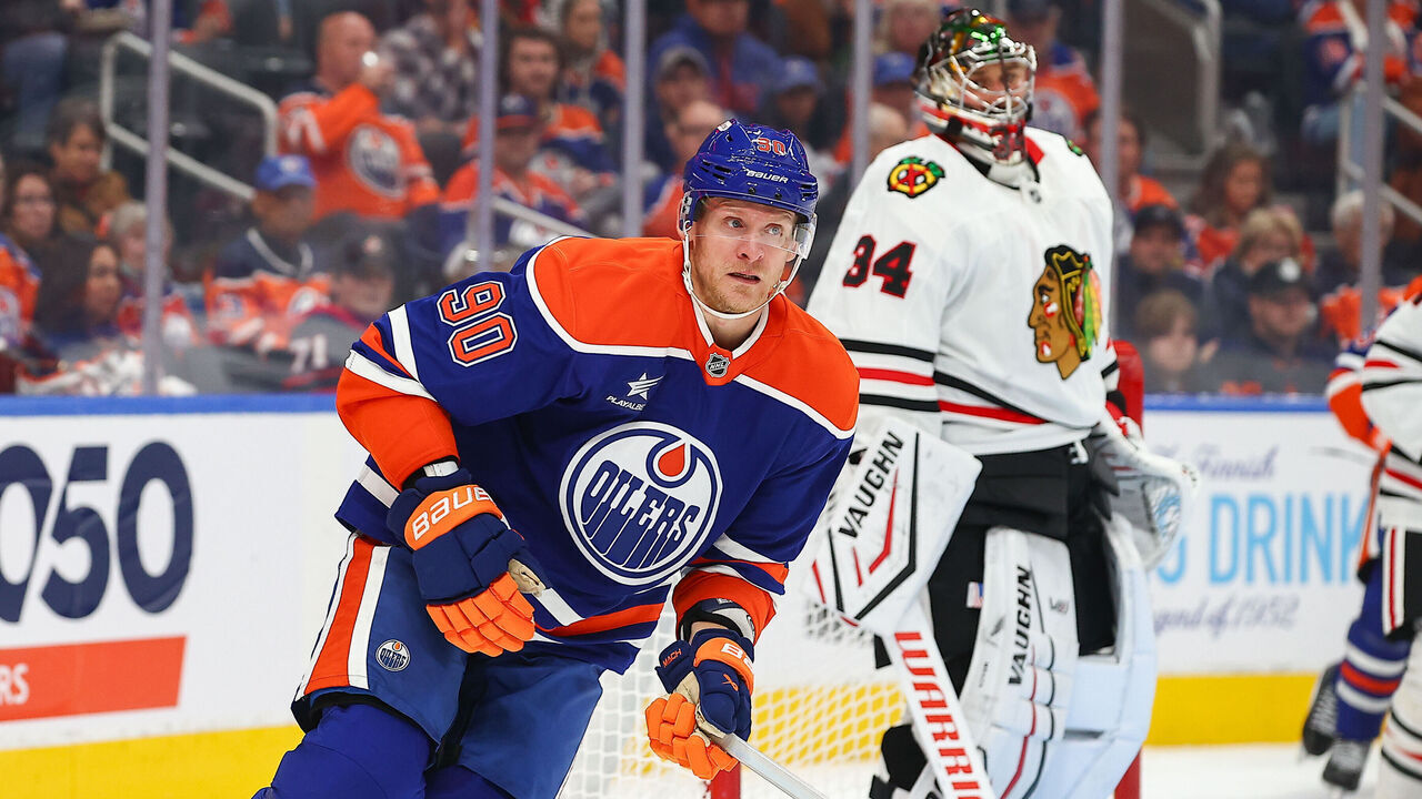 EDMONTON, AB - OCTOBER 12: Edmonton Oilers Winger Corey Perry (90) in action in the third period of the Edmonton Oilers game versus the Chicago Blackhawks on October 12, 2024 at Rogers Place in Edmonton, AB.