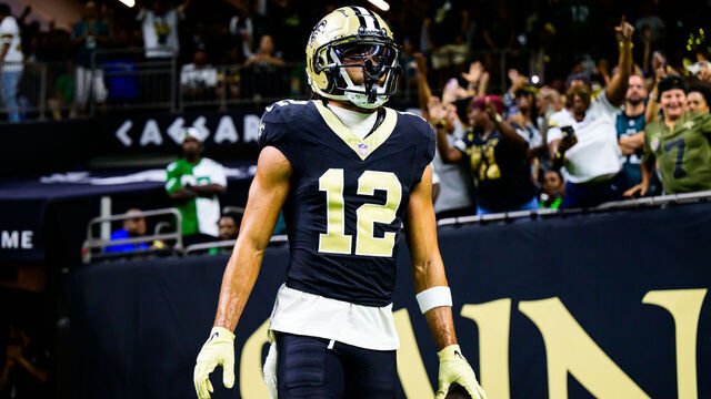 NEW ORLEANS, LOUISIANA - SEPTEMBER 22: Chris Olave #12 of the New Orleans Saints celebrates a touchdown reception against the Philadelphia Eagles during the fourth quarter at Caesars Superdome on September 22, 2024 in New Orleans, Louisiana.