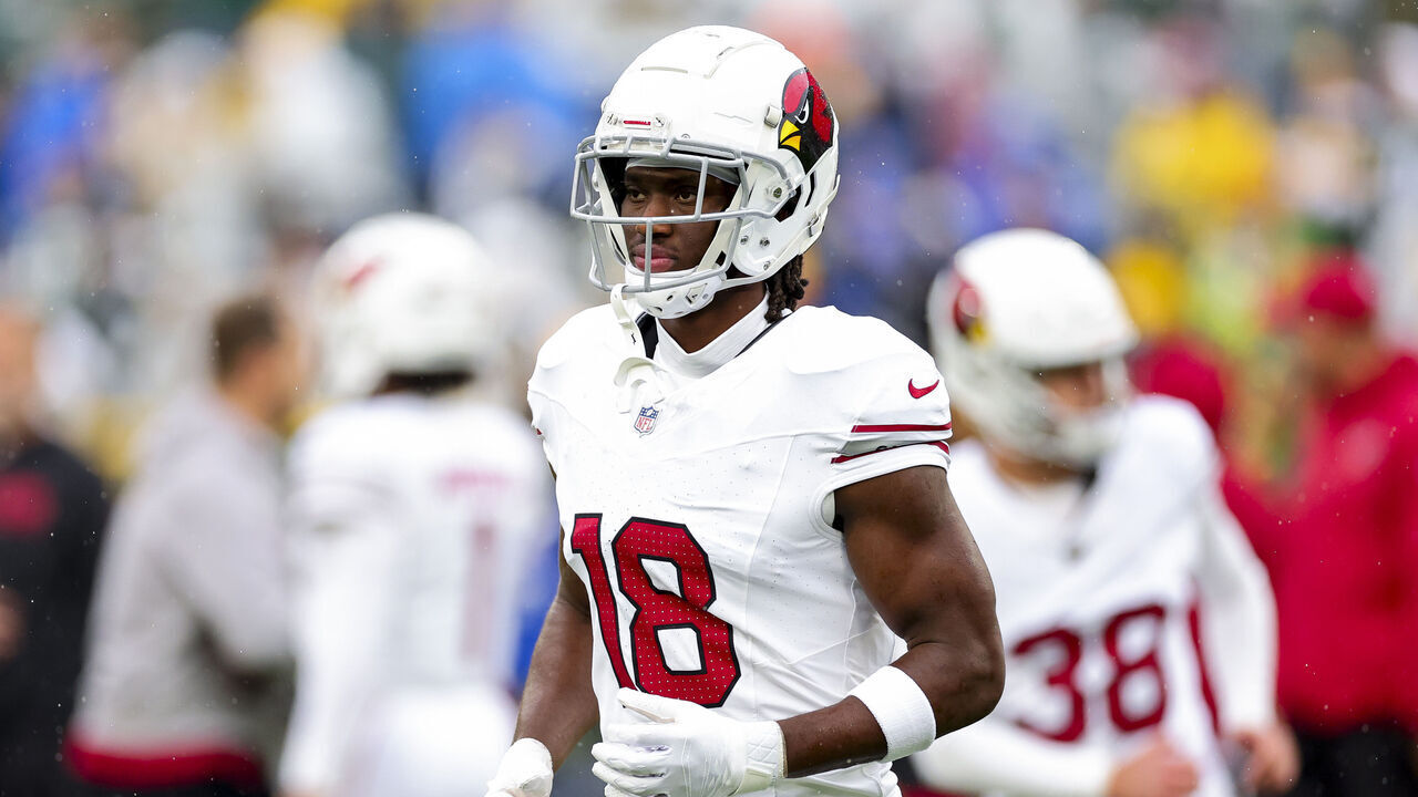 GREEN BAY, WISCONSIN - OCTOBER 13: Marvin Harrison Jr. #18 of the Arizona Cardinals warms up prior to playing the Green Bay Packers at Lambeau Field on October 13, 2024 in Green Bay, Wisconsin.