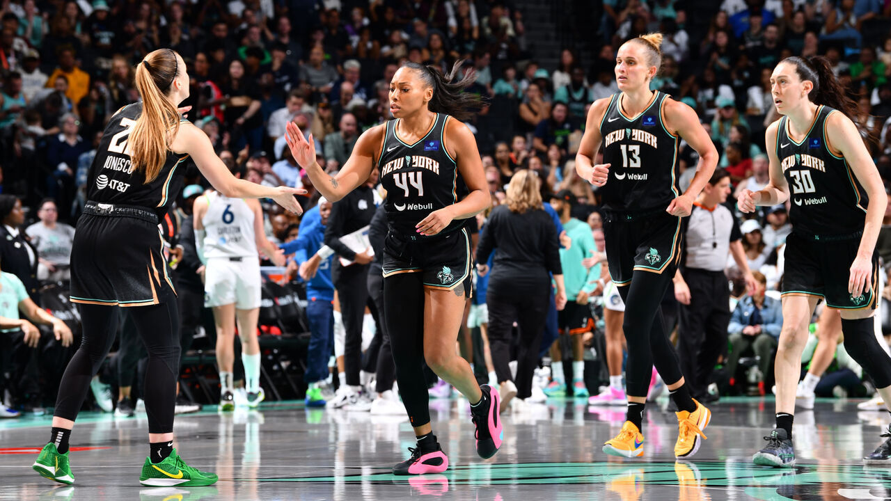BROOKLYN, NY - OCTOBER 13: The New York Liberty look on during the game against the Minnesota Lynx during Game 2 of the 2024 WNBA Finals on October 13, 2024 at Barclays Center in Brooklyn, New York. Mandatory Copyright Notice: Copyright 2024 NBAE