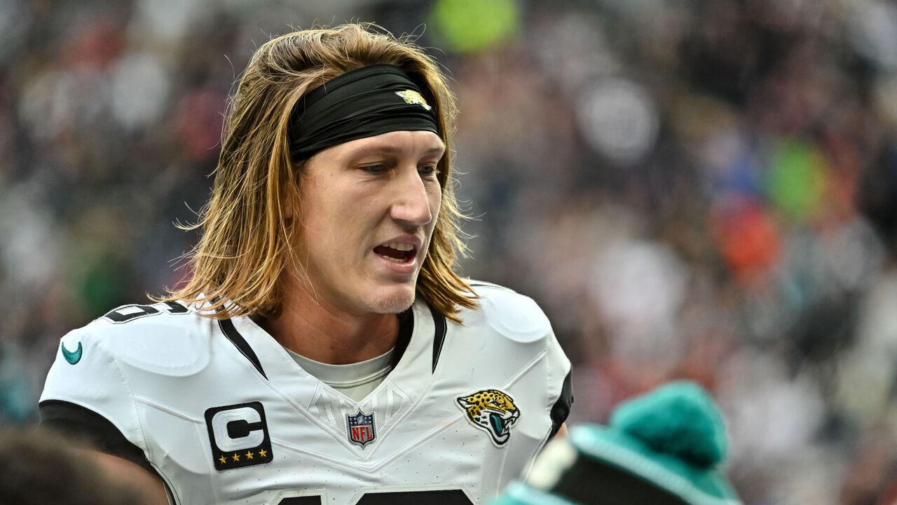 London, United Kingdom - October 13: Trevor Lawrence of Jacksonville Jaguars looks on during the NFL match between Jacksonville Jaguars and Chicago Bears at Tottenham Hotspur Stadium on October 13, 2024 in London, England.