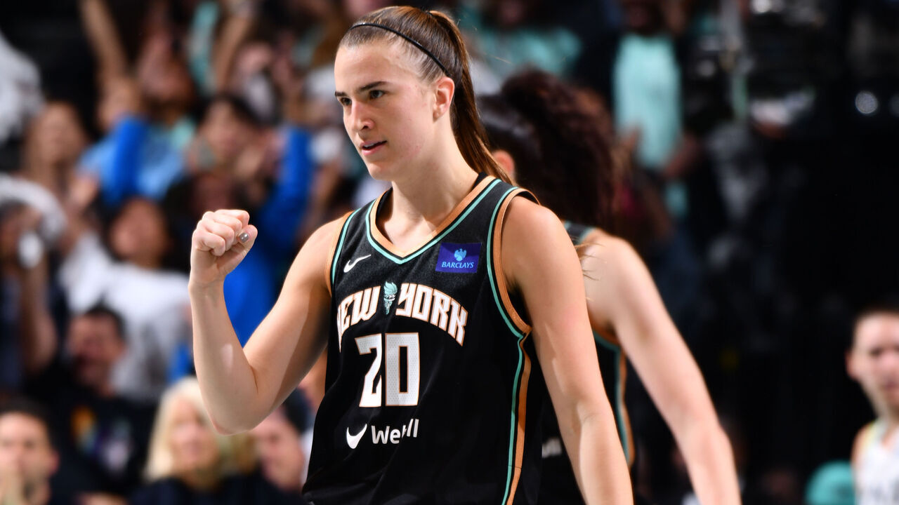 BROOKLYN, NY - OCTOBER 13: Sabrina Ionescu #20 of the New York Liberty celebrates during the game against the Minnesota Lynx during Game 2 of the 2024 WNBA Finals on October 13, 2024 at Barclays Center in Brooklyn, New York. Mandatory Copyright Notice: Copyright 2024 NBAE