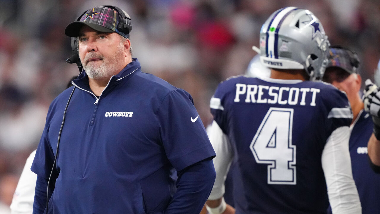 ARLINGTON, TEXAS - OCTOBER 13: Dallas Cowboys head coach Mike McCarthy looks on during the second quarter of a game against the Detroit Lions at AT&T Stadium on October 13, 2024 in Arlington, Texas.