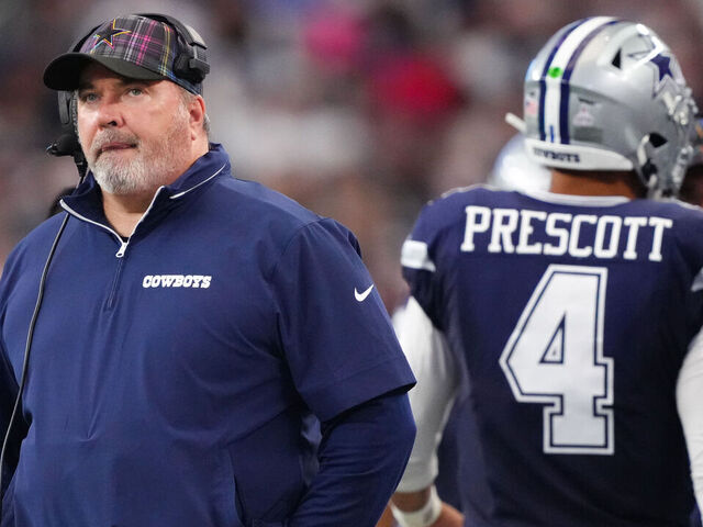 ARLINGTON, TEXAS - OCTOBER 13: Dallas Cowboys head coach Mike McCarthy looks on during the second quarter of a game against the Detroit Lions at AT&T Stadium on October 13, 2024 in Arlington, Texas.