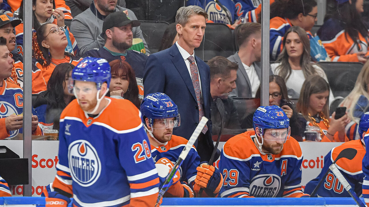 EDMONTON, CANADA - OCTOBER 9: Kris Knoblauch of the Edmonton Oilers looks on during the second period of the game against the Winnipeg Jets at Rogers Place on October 9, 2024, in Edmonton, Alberta, Canada.