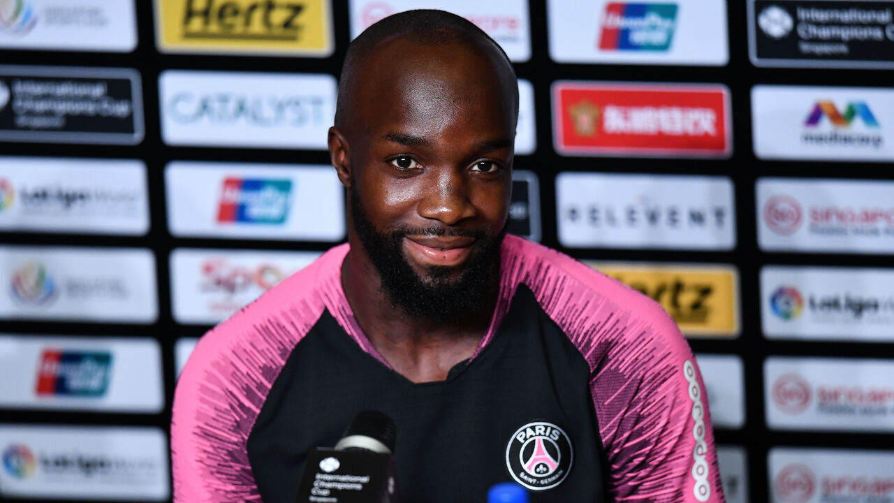 SINGAPORE - JULY 27: Lassana Diarra #19 of Paris Saint-Germain smiles during pre match press conference ahead of the International Champions Cup 2018 match between Arsenal v Paris Saint Germain on July 27, 2018 in Singapore.