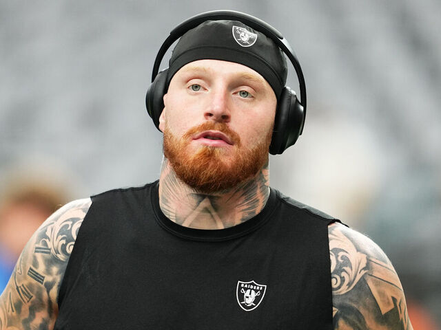LAS VEGAS, NEVADA - OCTOBER 13: Maxx Crosby #98 of the Las Vegas Raiders warms-up prior to a game against the Pittsburgh Steelers at Allegiant Stadium on October 13, 2024 in Las Vegas, Nevada.