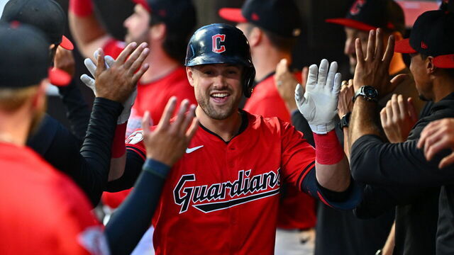 CLEVELAND, OHIO - SEPTEMBER 24: Lane Thomas #8 of the Cleveland Guardians celebrates after hitting a two-run homer during the first inning against the Cincinnati Reds at Progressive Field on September 24, 2024 in Cleveland, Ohio.