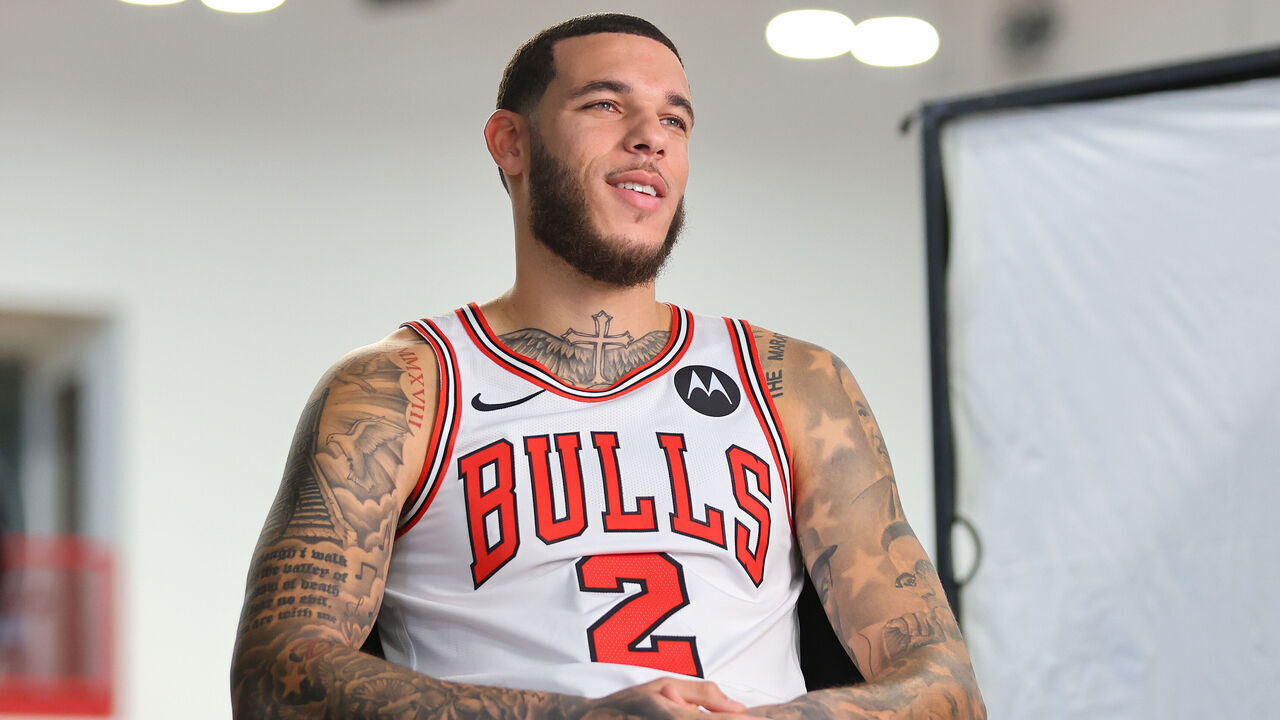 CHICAGO, ILLINOIS - OCTOBER 02: Lonzo Ball #2 of the Chicago Bulls takes part in a interview during Media Day at Advocate Center on October 02, 2023 in Chicago, Illinois.