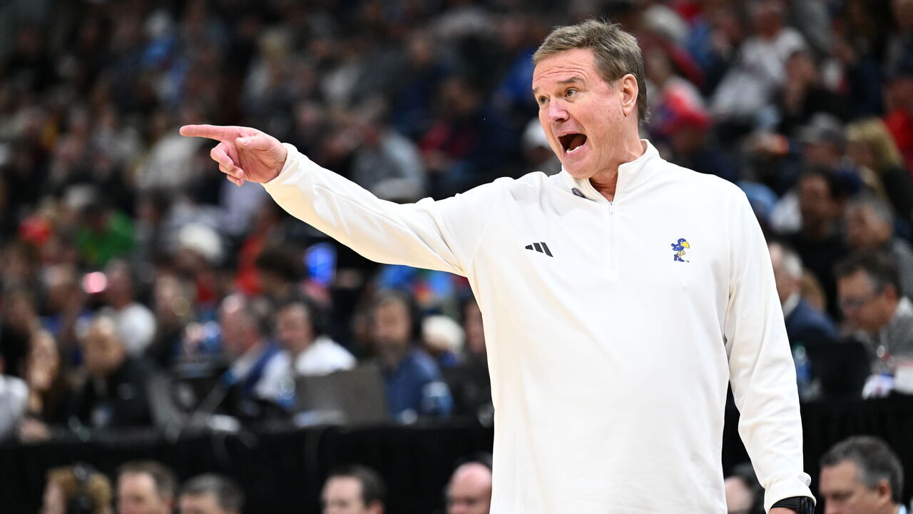 SALT LAKE CITY, UTAH - MARCH 23: Head coach Bill Self of the Kansas Jayhawks shouts to his team in the game against the Gonzaga Bulldogs in the second round of the 2024 NCAA Men's Basketball Tournament held at Delta Center on March 23, 2024 in Salt Lake City, Utah.