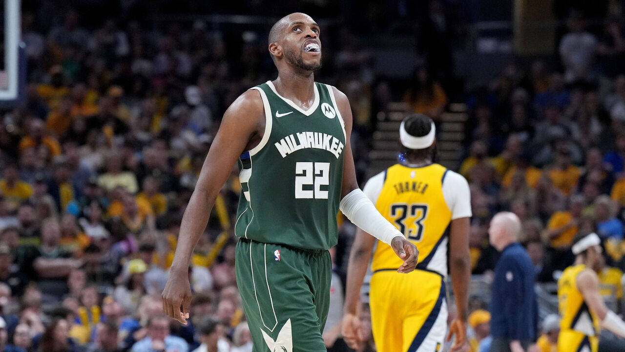 INDIANAPOLIS, INDIANA - APRIL 28: Khris Middleton #22 of the Milwaukee Bucks looks on during the second half of Game Four of the Eastern Conference First Round Playoffs against the Indiana Pacers at Gainbridge Fieldhouse on April 28, 2024 in Indianapolis, Indiana.