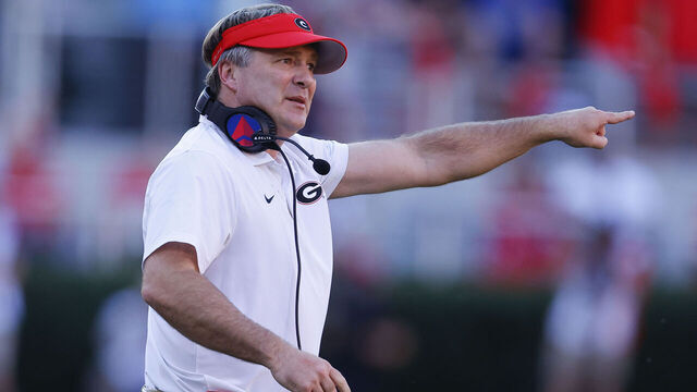 ATHENS, GEORGIA - OCTOBER 12: Head coach Kirby Smart of the Georgia Bulldogs reacts during the second quarter against the Mississippi State Bulldogs at Sanford Stadium on October 12, 2024 in Athens, Georgia.