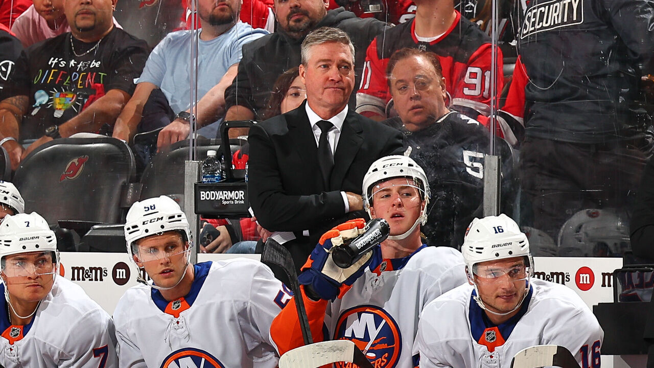 NEWARK, NJ - SEPTEMBER 22: Patrick Roy head coach of the New York Islanders during the first period of the game against the New Jersey Devils on September 22, 2024 at the Prudential Center in Newark, New Jersey.