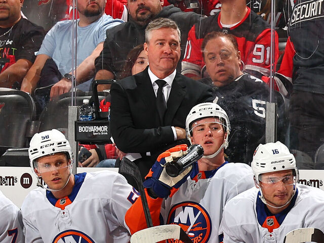 NEWARK, NJ - SEPTEMBER 22: Patrick Roy head coach of the New York Islanders during the first period of the game against the New Jersey Devils on September 22, 2024 at the Prudential Center in Newark, New Jersey.