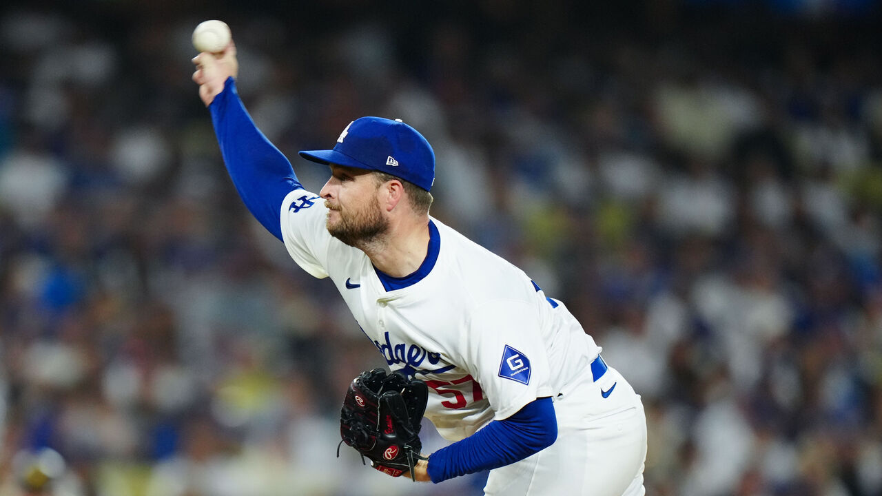 LOS ANGELES, CA - OCTOBER 05: Ryan Brasier #57 of the Los Angeles Dodgers pitches during Game 1 of the Division Series presented by Booking.com between the San Diego Padres and the Los Angeles Dodgers at Dodger Stadium on Saturday, October 5, 2024 in Los Angeles, California.